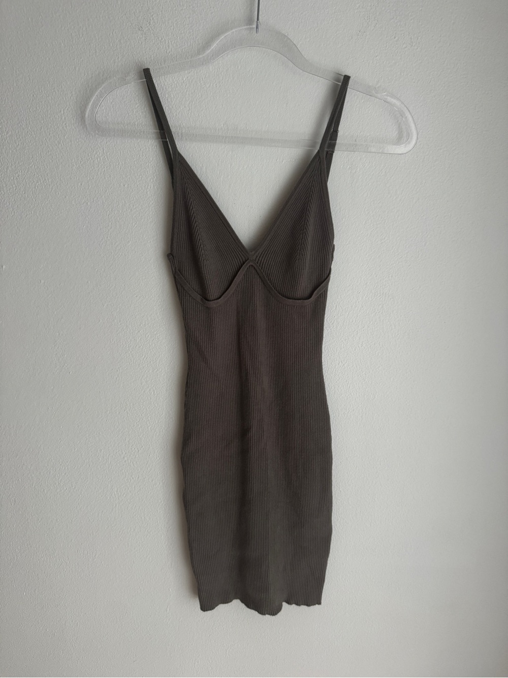 White Fox Boutique Bare It All Ribbed Mini Dress Grey Dusty Khaki - Size Medium